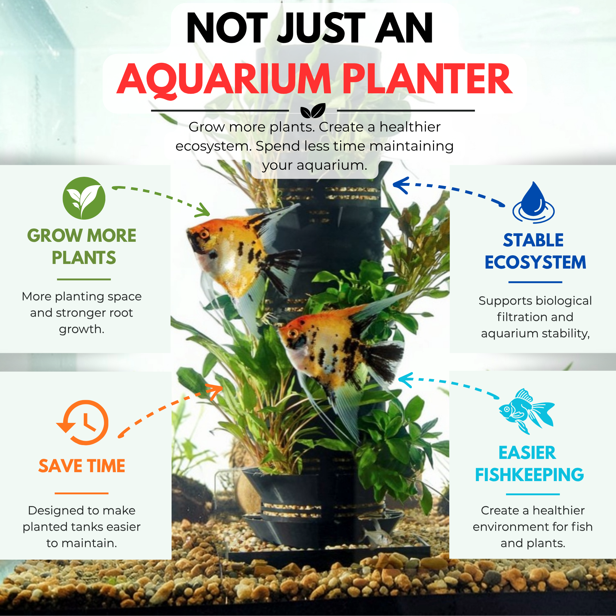 Aquarium planter with fish and plants, highlighting features like a stable ecosystem and easier fishkeeping using Habistax.