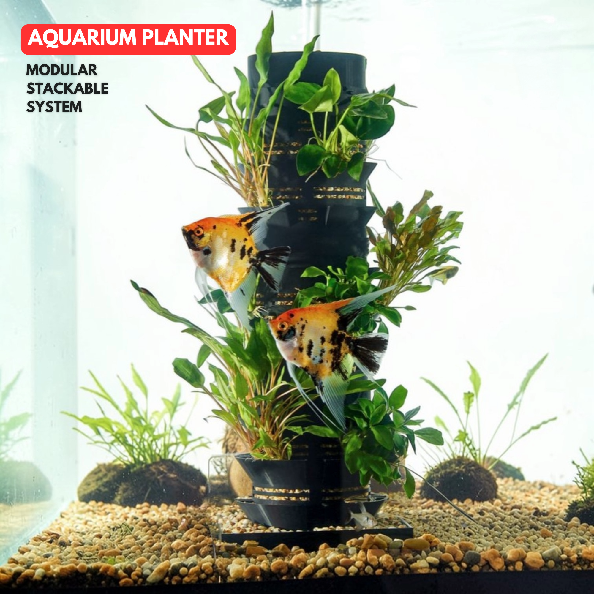 Aquarium planter with modular stackable system, fish, and plants on a light background.